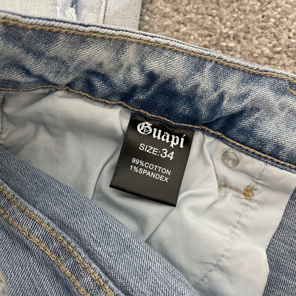 Guapi Jeans Mens 34 Distressed Patchwork Flare Light Wash Denim Frayed Street - Picture 6 of 14